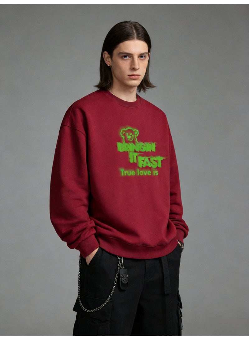 BM INS Burgundy "BRINGIN IT FAST" Neon Green Graffiti Oversized Crew Neck Sweatshirt | Unisex Pullover With "True love is" Slogan - Image 3